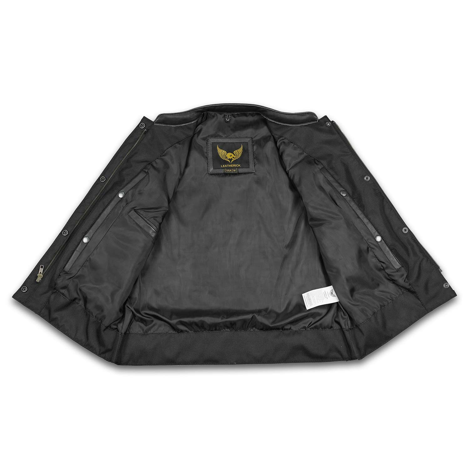 Interior view of a women's leather motorcycle vest, featuring a smooth lining and branded logo for added style and comfort