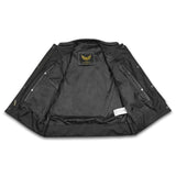 Interior view of a women's leather motorcycle vest, featuring a smooth lining and branded logo for added style and comfort
