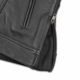 Black leather motorcycle vest for women with YKK zippers and deep pockets