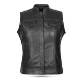 Black women's leather motorcycle vest, SOA style, with deep pockets and YKK zippers