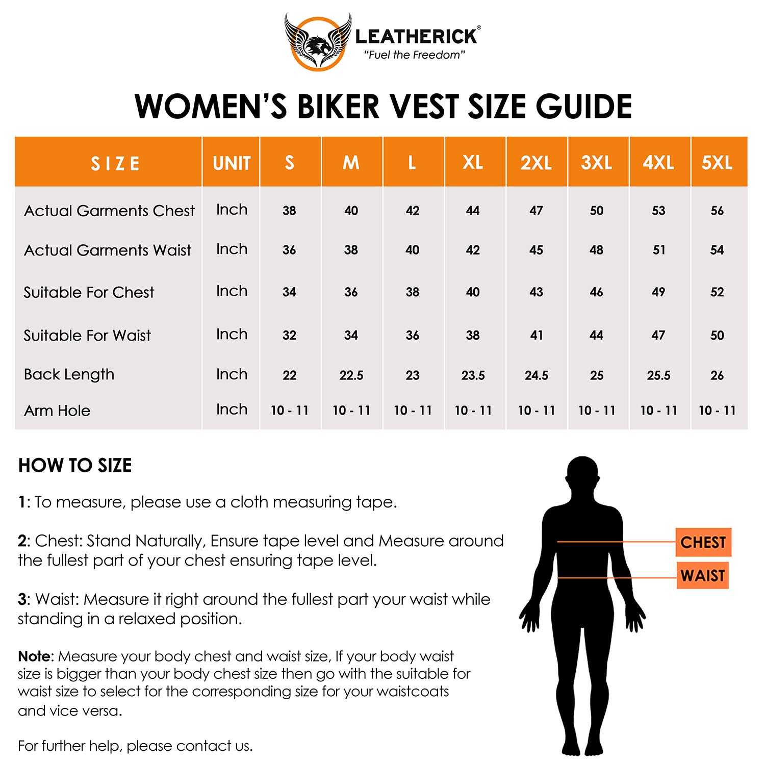 Size guide for women's biker vests, including chest, waist, back length, and arm hole measurements for various sizes from S to 5XL
