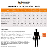 Size guide for women's biker vests, including chest, waist, back length, and arm hole measurements for various sizes from S to 5XL