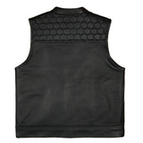 Back side of Men's black leather waistcoat with honeycomb stitch design on the chest