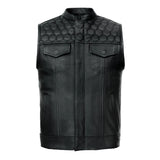 Men's black leather waistcoat front view.