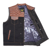 Leatherick Cognac Stitching Black Denim Vest