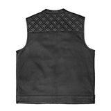 Flat Back view of SOA Pre Black Diamond Leather Waistcoat with black diamond embroidery on the back yoke.