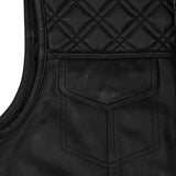 Detailed close-up of black diamond and chest pocket  embroidery on the front yoke of the leather waistcoat