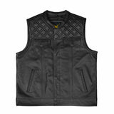 Men's SOA Pre Black Diamond Leather Waistcoat with embroidered black diamond patterns on the front yoke.