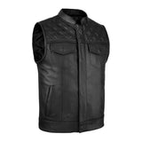 Front View of Men's SOA Pre Black Diamond Leather Waistcoat with embroidered black diamond patterns on the front yoke.