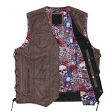 Front of Leatherick Classic Style Brown Leather Vest With Side Laces