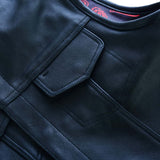 men's soa black leather biker red satin liner waistcoat chest pocket