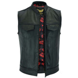 men's soa black leather biker red satin liner waistcoat front open